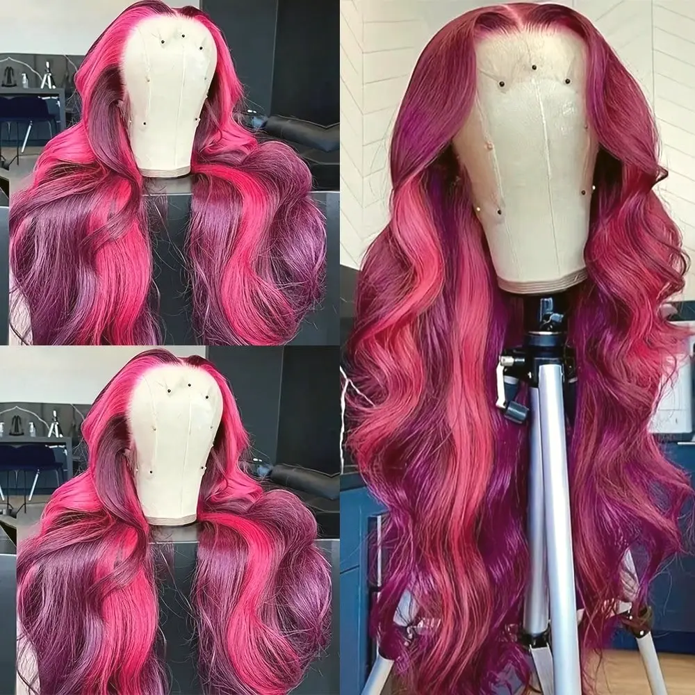 Female 13X4 Free Part HD Lace Front Synthetic Wigs, 28in Pink-Red Body Waves with Pink Highlights, Glueless Heat-Resistant Soft Wig for Daily, Party, Christmas Cosplay Use