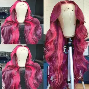 13X4 Free Part Pink Red Body Wave Synthetic Lace Front Wigs For Women 28 Inch Long Wavy Hair Wigs Glueless Soft Pink Highlight Colored Wigs Heat Resistant Christmas Wig Natural Long Wave Lace Front Wigs For Daily Party Cosplay Use