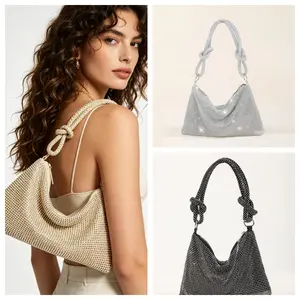 Sparkling Rhinestone Knotted Handle Hobo Bag, Luxury Bling Evening Handbag, Shiny Crystal Shoulder Purse, Fashion Party Clutch for Women, Trendy Night Out & Wedding Bag