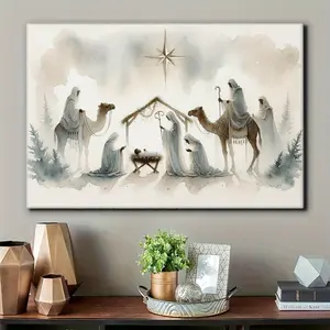 1pc Vintage Nativity Scene Canvas Wall Art with Wooden Frame - Rustic Muted Beige & Brown Pastel Colors, Indoor Wall Hanging Decor for Festive Season Ornaments Decoration