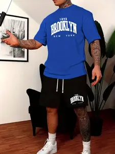 Men's Summer 2-Piece Set Letter Print Round Neck T-Shirt + Outdoor Sports Casual Drawstring Shorts, Fitted Style Outfit