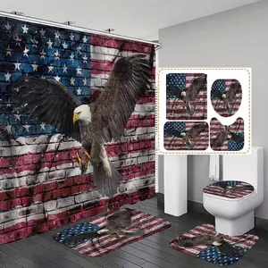 Eagle & American Flag Pattern Bathroom Decorations, 4 Counts/set Including Shower Curtain & Toilet Lid Cover & Mat & U-shaped Mat, Bathroom Accessories
