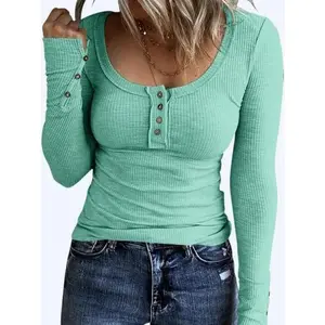 Women��s Long Sleeve Henley T Shirts Button Down Slim Fit Tops Scoop Neck Ribbed Knit Shirts Casual