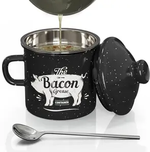 Bacon Grease Container Set - 15/46 OZ Vintage Enamel Grease Container,Grease Saver,Cooking Oil Storage Can Grease Keeper for Kitchen,Dishwasher Safe