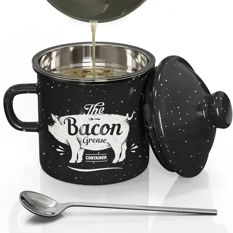 Bacon Grease Container Set - 15/46 OZ Vintage Enamel Grease Container,Grease Saver,Cooking Oil Storage Can Grease Keeper for Kitchen,Dishwasher Safe