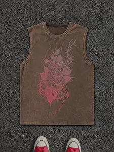 Men's Floral Print Round Neck Tank Top, Tanks Tops, Loose Casual Fashion Sleeveless Top for Summer, Men's Clothes for Daily Wear, Socks