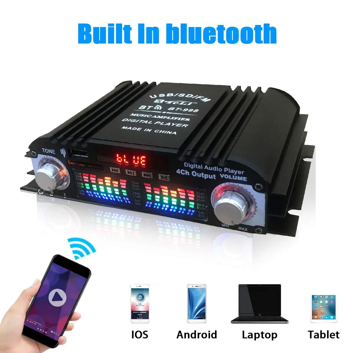 1600W Peak Power 4-Channel Bluetooth Hi-Fi Stereo Amplifier - 400W x 4, 0.4% Distortion Rate, 40W, 48W, DC12V, 20Hz-20kHz, Karaoke Player, FM/USB/Card Support, Adapter, Remote Control, Bass Adjustment, Built-In Car Audio System, Bt-998, Peak 400Wx4