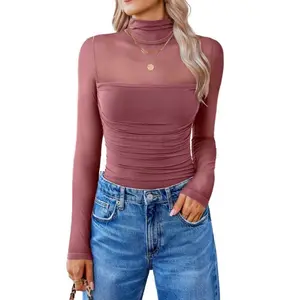 Stretchy Nylon-Spandex Blend Long Sleeve Turtleneck Bodysuit - Women's Form-Fitting One-Piece Leotard Beige Mesh Panel Ruched Shapewear for Casual or Sexy Outfits Tops Skinny Fabric Womenswear Slim White