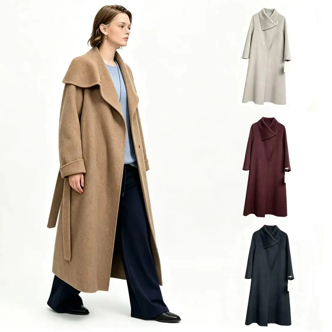 Women's 100% Extra Fine Merino Wool Mid-Length Plain Long-Sleeve Collared Jacket CC9917 - Oversized Draped Lapel, Asymmetric Designer Outerwear for Fall Winter, Everyday Minimalist Elegance, Relaxed 1-Piece Casual Top