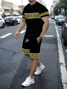 Men's Two-Piece Casual Set, Menswear, Classic Greek Gold Pattern, Round Neck Short Sleeve Top & Shorts, Daily Wear, Vacation