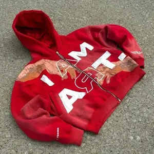 Hip-hop Trendy Streetwear Y2K Harajuku American Retro Letter Print Zipper Hoodie Men's Punk Casual Colorful Oversized Sweatshirt Menswear Tops Red Pullover Long Sleeve Aa