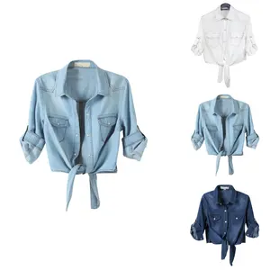 Kingapril Women's 3/4 Sleeve Modern Denim Crop Top Tie Knot Shirt Chambray Cardigan