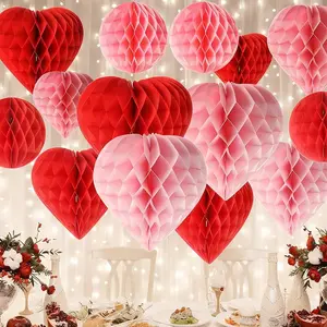 5pcs Valentine's Day Heart and Ball Honeycomb Love Decorations, Cotton Balls Paper Hearts, Wedding Party Decoration, Party Decoration Supplies