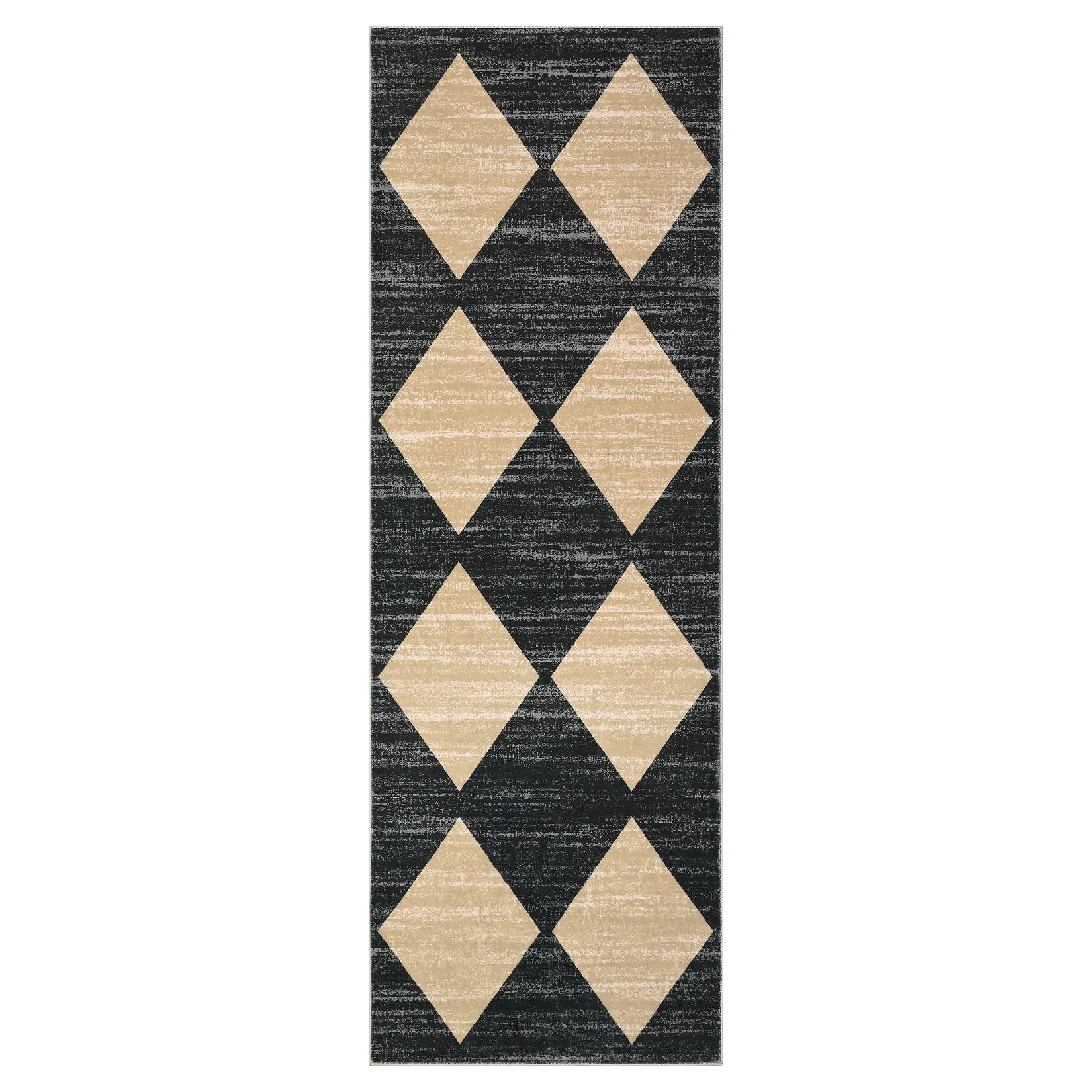 2 x 6 ft Polyester Black/Taupe Rectangular Low Pile Area Rug, Modern Geometric Diamond Print, Stain Resistant, Machine Washable Runner Rug for High Traffic Areas, Laundry Room, Bathroom Home Decor, Low Pile Rug