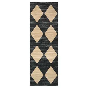 2 x 6 ft Polyester Black/Taupe Rectangular Laundry Bathroom Kitchen Modern Geometric Diamond Print Machine Washable Runner Rug