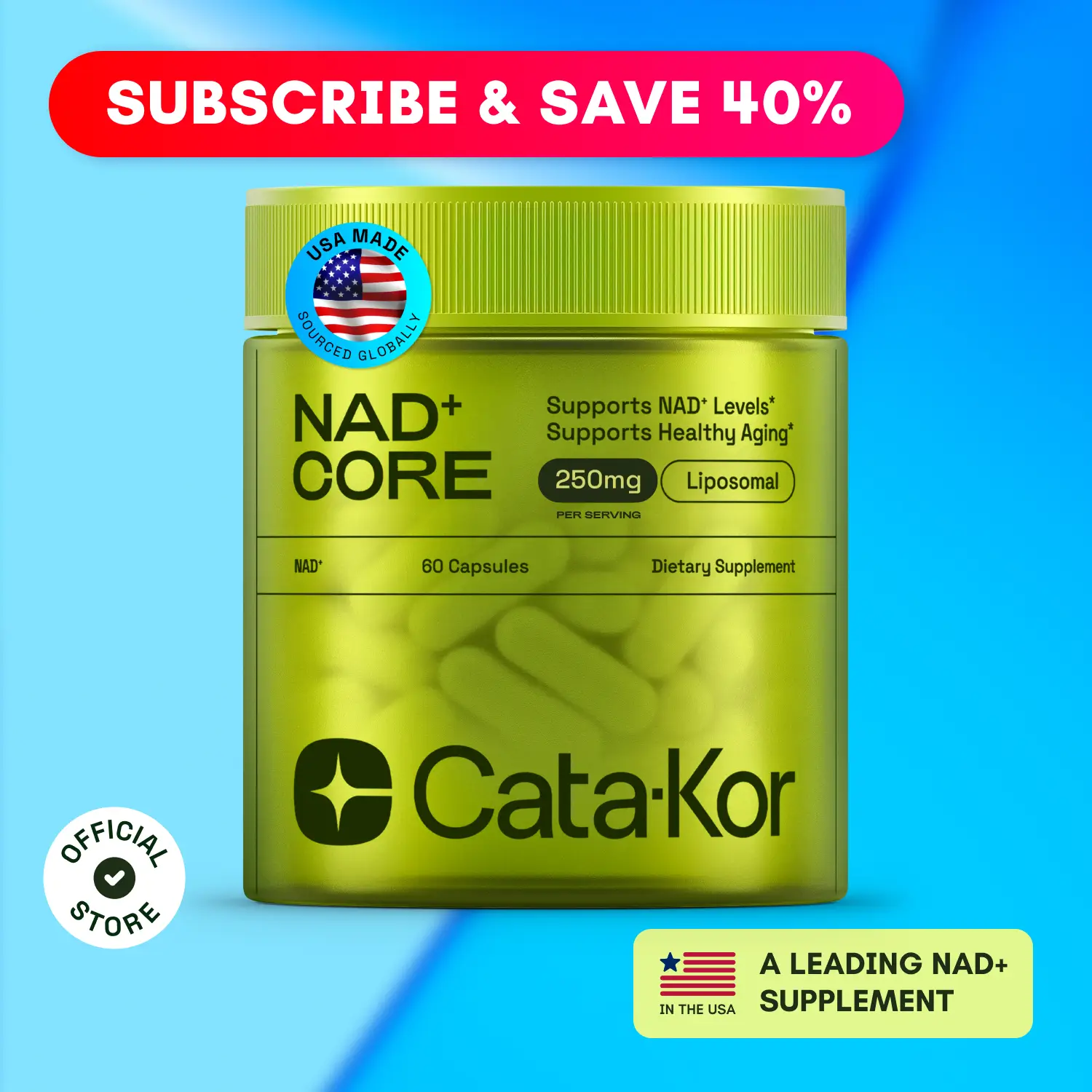 Cata-Kor NAD+ Core - NAD+ Supplement for Healthy Aging and Energy - 250mg per serving - 60 Count (30 Day Supply) - Vitamin & Wellness Supplements Diet