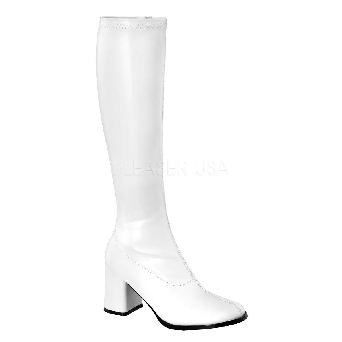 Women's GOGO-300 White Gogo Boots, Knee-High Costume Footwear in Stretch Faux Leather with 3-Inch Block Heel & Side Zipper, Boot