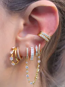 6 Pcs Luxury 24K Gold Plated Cubic Zirconia Brilliant Stud Earrings Set For Women Zircon Chain Hoop Earrings Pack Drop Dangle Earrings Stack Fashion Jewelry Gift