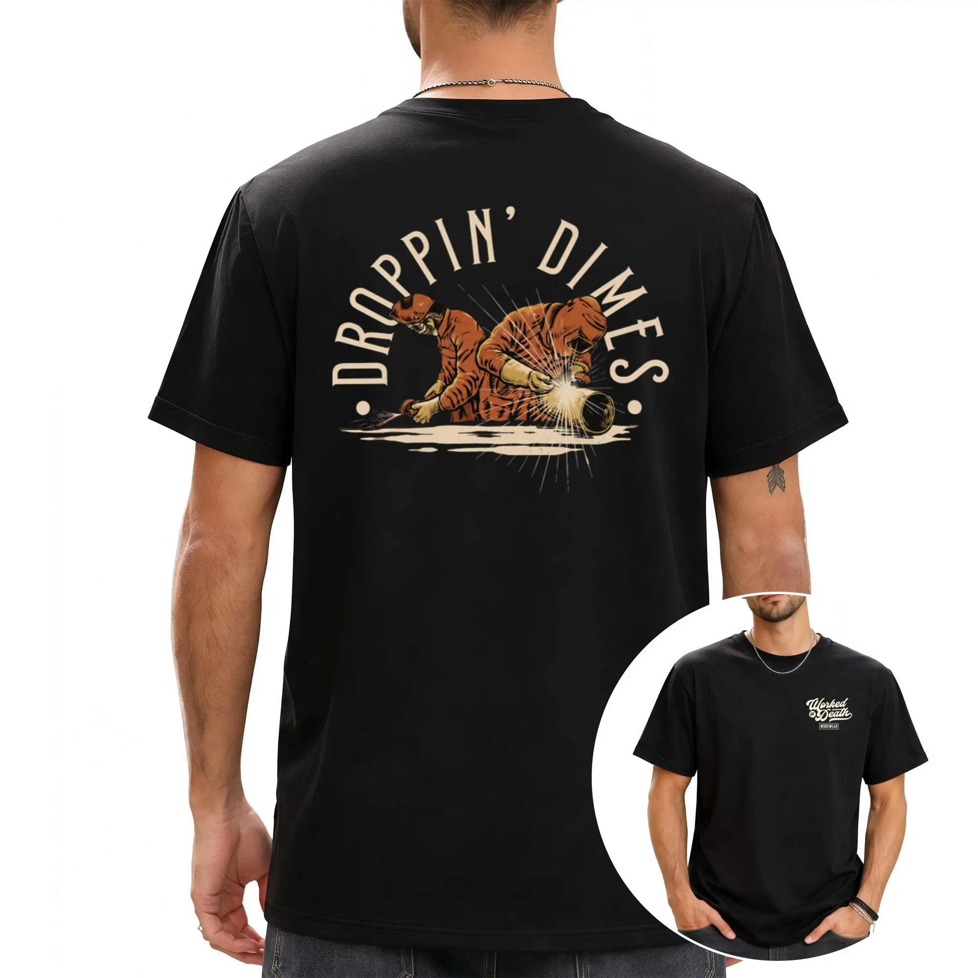 Unisex Droppin' Dimes Welding Duo 2‑Sided Graphic Cotton T‑Shirt, Blue Collar Trades Gift