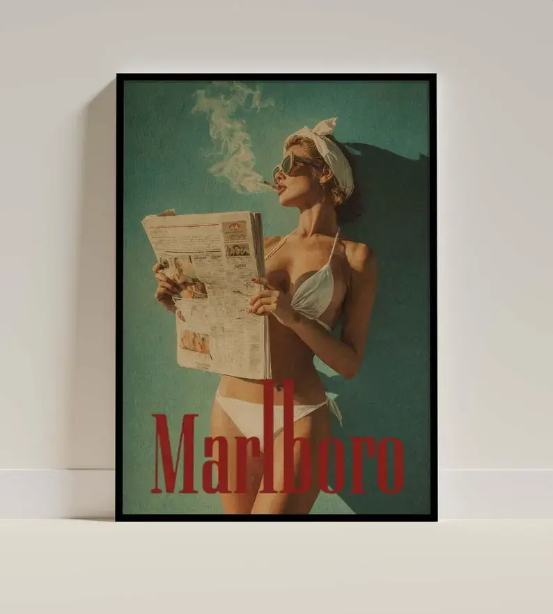 Unframed Vintage Cigarette Aesthetic Paper Poster - Retro Newspaper Bikini Art, Smoking Woman Digital Print, 70s Editorial Style Aesthetic Home Decor Wall Art