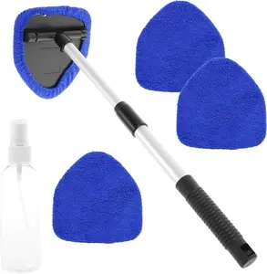 Windshield Cleaner Tool, Car Interior Detailing Cleaning Kit with Extendable Handle and 4 Upgraded High-Density Reusable Microfiber Pads, Auto Glass Wiper Brush Kit for Cars, Blue, 15.9in-21in