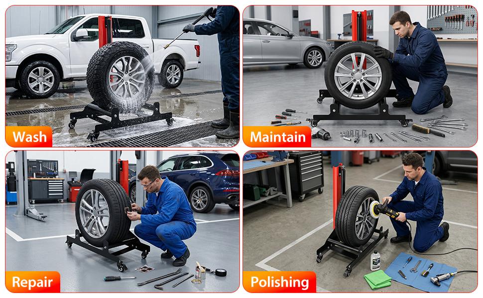 360° Rolling Wheel Detailing Stand, Heavy Duty Wheel Cleaning Stand for Wheel Tire Rim Cleaning Ceramic Coating