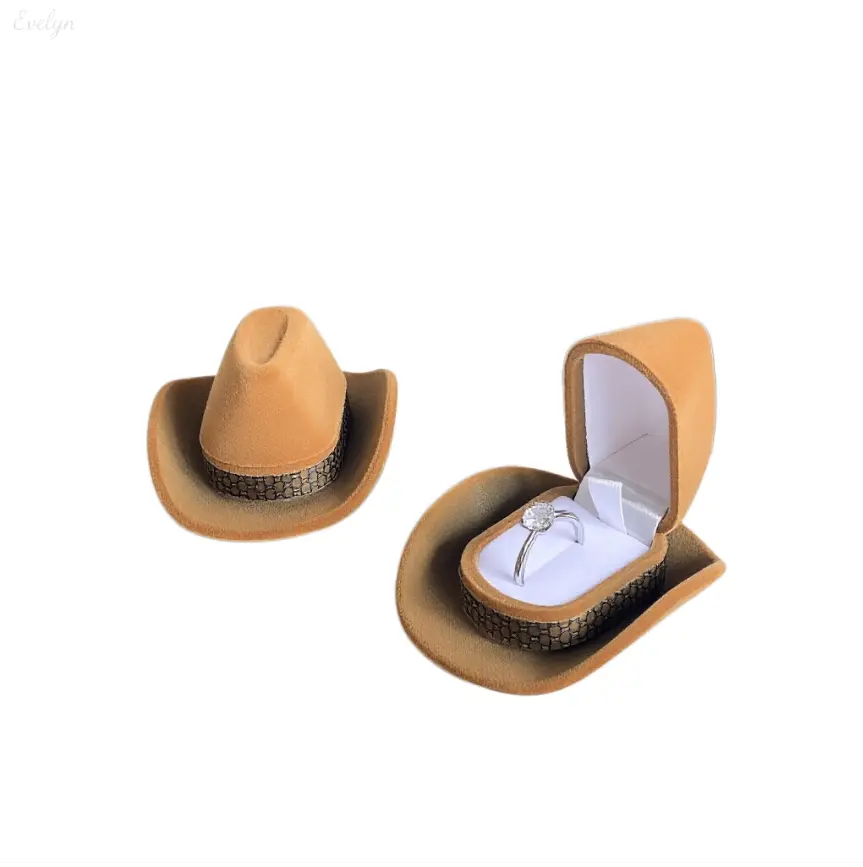 Cowboy Hat Shaped Ring Box - Decorative Lightweight Velvet Jewelry Organiser, Unique Gift for Proposal & Engagement