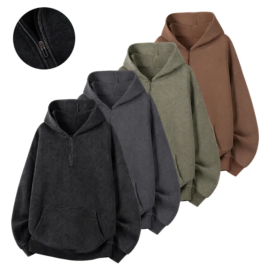 Vintage washed distressed half-zip hoodie sweatshirt, high-street loose drop-shoulder fit, classic kangaroo pocket design, basic solid-color hoodies available in multiple colors, soft and skin-friendly, unisex casual everyday wear that’s easy to match for