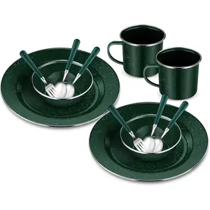 12 Pcs Enamel Camping Tableware Set Dinnerware Kit Includes 12 oz Coffee Mugs Camping Plates Bowls and Utensils Set with Knife Fork Spoon for 2 People Hiking Picnic Outdoor