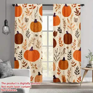 2-Piece Set, Autumn Harvest Pumpkin and Leaf Print Curtains - Translucent, Rod Pocket Design for Living Room, Bedroom or Study Home Decor, Polyester Fabric, Machine Wash, Fall Thanksgiving Christmas Home Decor