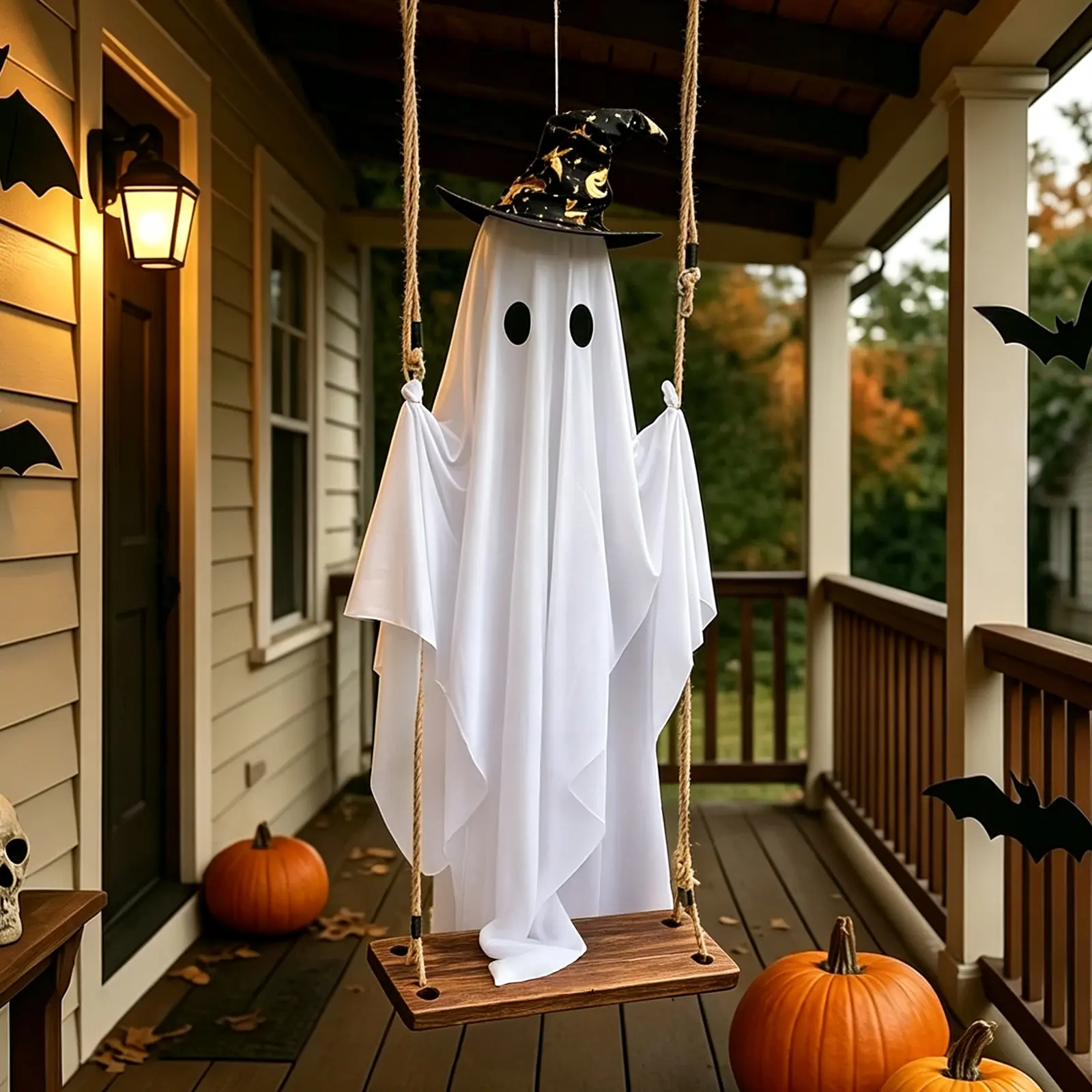 Swinging Ghost Halloween Decor - Glowing Witch hat    wizard   Hats, Hanging Swing with String Lights, Spooky Cute Light-Up Ornament for Outdoor Yard   garden  Front Porch, Party Festive  Supplies scary decor display holiday decorative battery   ambiance