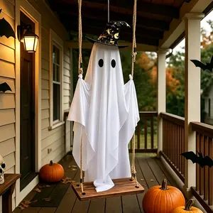 Swinging Ghost Halloween Decor - Glowing Witch hat    wizard   Hats, Hanging Swing with String Lights, Spooky Cute Light-Up Ornament for Outdoor Yard   garden  Front Porch, Party Festive  Supplies scary decor display holiday decorative battery   ambiance