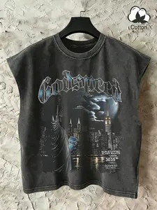 Y2K Goth Style Men's Oversized Sleeveless Tank Top, Godspeed Non-Stopping Scary Nights NYC Graphic Washed Cotton Muscle Tee, Drop Shoulder Distressed Streetwear for Summer Street Style Casual Wear
