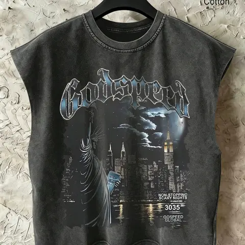 Y2K Goth Style Men's Oversized Sleeveless Tank Top, Godspeed Non-Stopping Scary Nights NYC Graphic Washed Cotton Muscle Tee, Drop Shoulder Distressed Streetwear for Summer Street Style Casual Wear