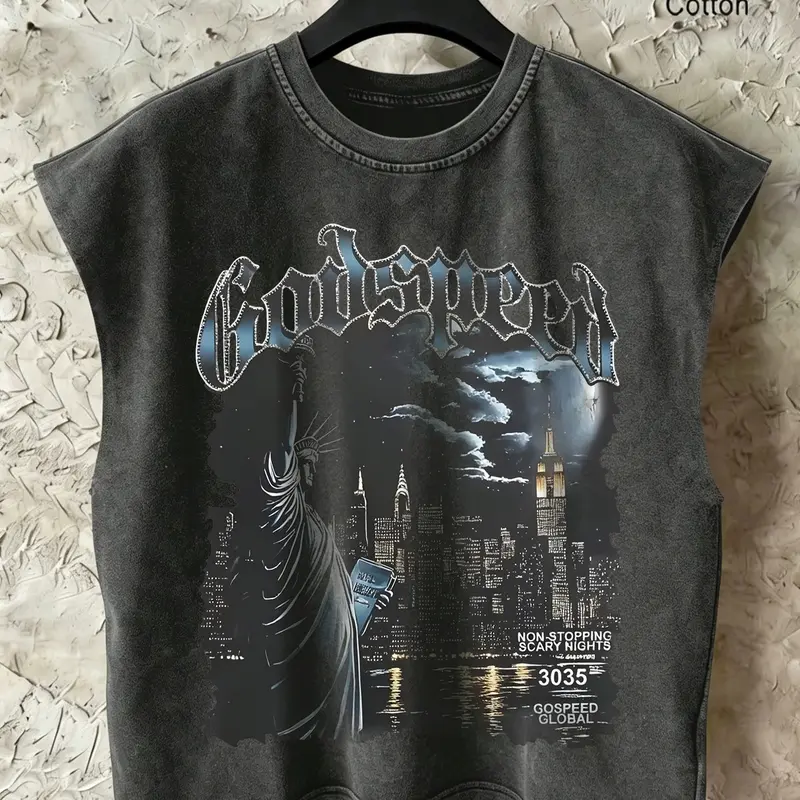 Y2K Goth Style Men's Oversized Sleeveless Tank Top, Godspeed Non-Stopping Scary Nights NYC Graphic Washed Cotton Muscle Tee, Drop Shoulder Distressed Streetwear for Summer Street Style Casual Wear