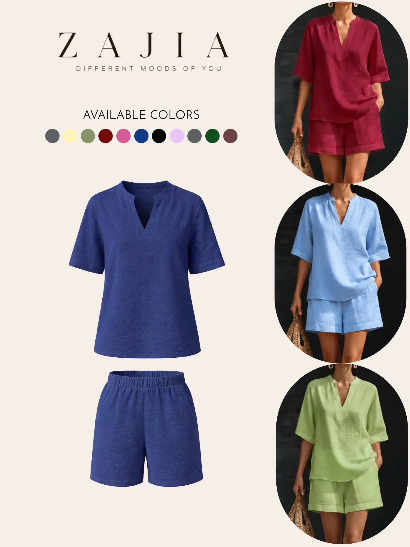 2026 Summer New V-Neck Casual Shirt Top with Fold-Over Collar, Stylish Two-Piece Matching Solid Set, Perfect for Daily Wear, Comfortable and Trendy