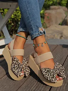 Women's Fashion Leopard Print Bowknot Design Fashionable Wedge Sandals, Casual Versatile Sandals for Summer, Lightweight Breathable Comfortable Shoes for Daily Wear, Casual Trendy Sandals