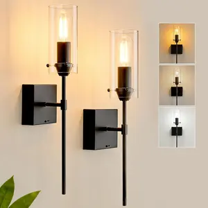 Battery Operated Wall Sconce, Glass Wireless Wall Sconces Set of Two Rechargeable with Remote Control Black Dimmable Wall Light for Bedroom Living Room Hallway Entryway, 3000-6500K