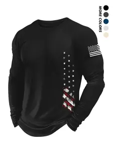 Men's American Flag Print Round Neck Long Sleeve Tee,Regular Fit Casual Crew Neck T-shirt for Fall & Winter,Men's Top for Daily Wear Fitted