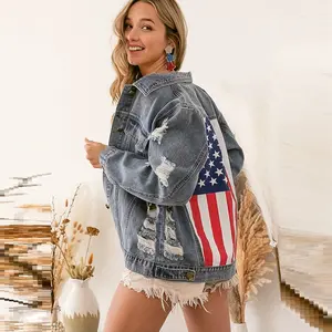 Star-Spangled Spirit Distressed Blue Denim Boxy Fit Jacket with American Flag Design and Distressed Style - Vintage Ripped 4th of July USA Patriotic Jean Outerwear