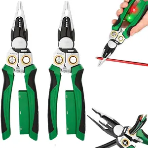 2Pcs 8 in 1 Wire Stripping Pliers with Voltage Tester Multi-function Electrician's Pliers for AWG 18-4.0mm² Cable Cutting & Stripping Green Diy Tools Hand Tools