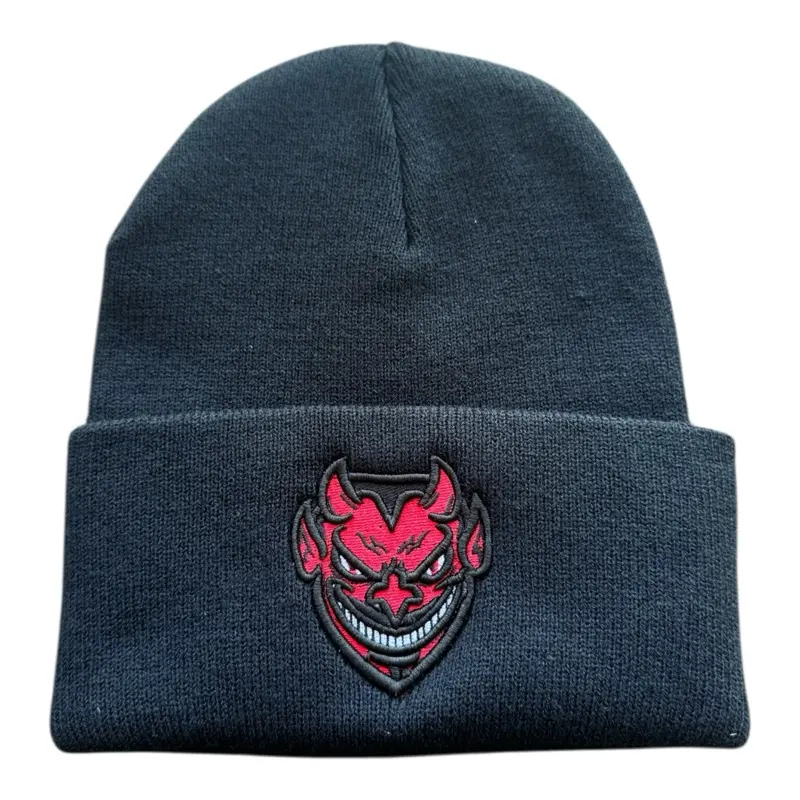 Beanie la chamukiza Black Beanie with Red Devil Face Embroidery for Stylish Winter Wear