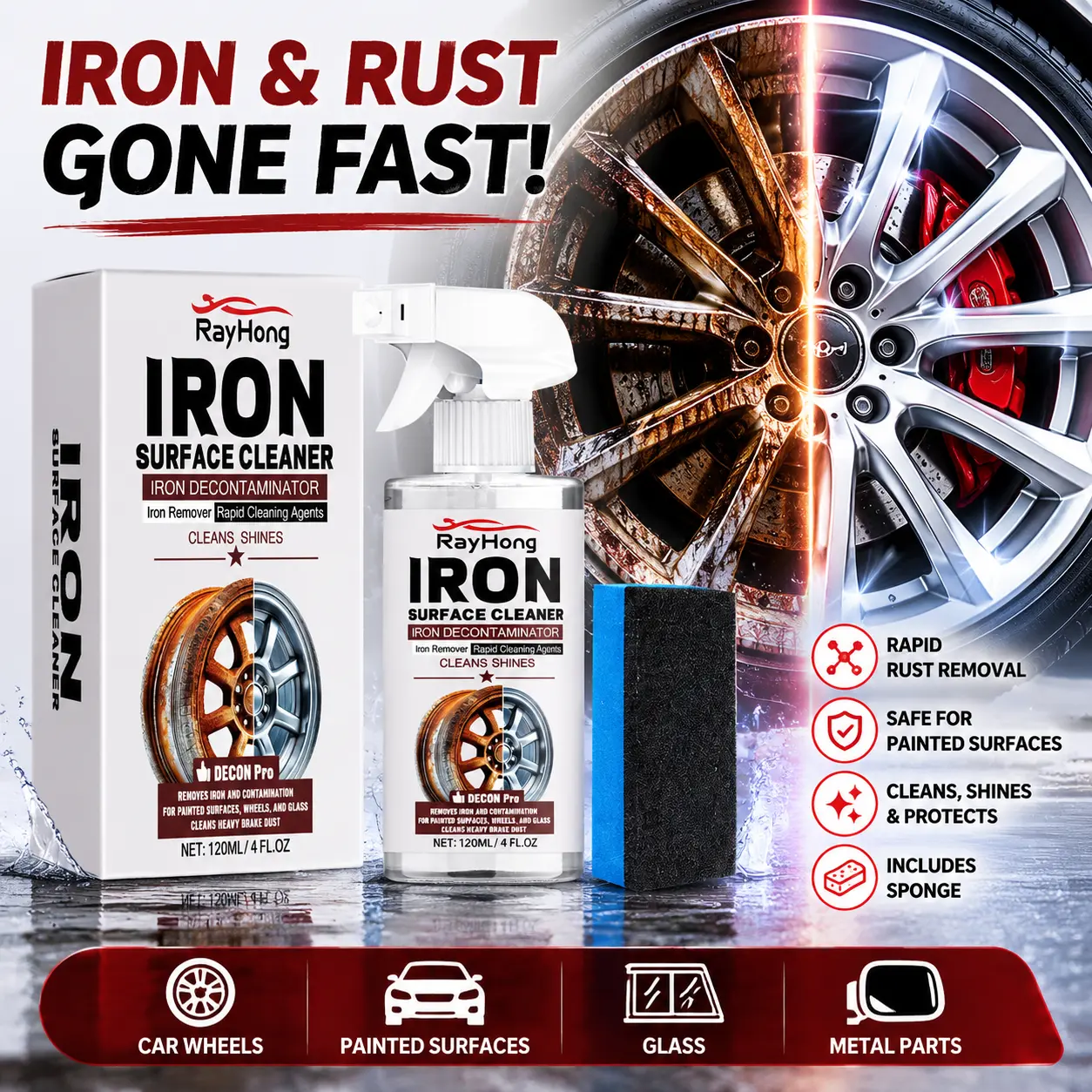 Iron Remover Spray Wheel Cleaner Brake Dust Remover Fallout Remover Alloy Rim Cleaner Rust Stain Removal Deep Clean Restore Shine Auto Detailing Paint Safe