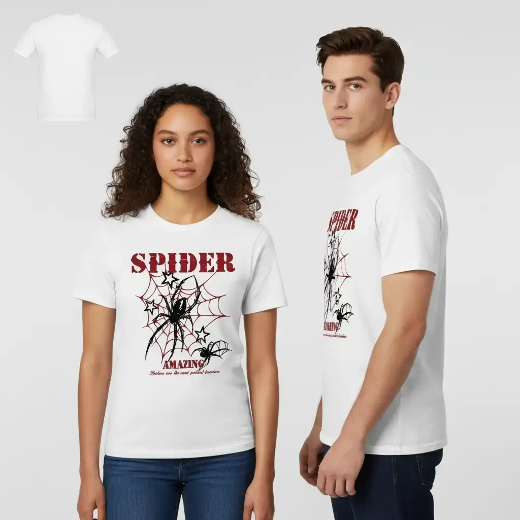 Cotton Spider Patterned T-shirt - "Spider Wonder" Design Tee for Women Men, Red Spider Webs and Black Spiders, Casual Round Neck Unisex Short Seeved Top