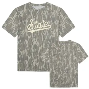 Script Yellow State Mossy Oak Camo T-Shirt, Vintage Bottomland Camo Tee, Mossy Oak Washed Out Camo Logo Tee, 3D Camo Style T-Shirt, Camo T-Shirt Unisex Outdoors