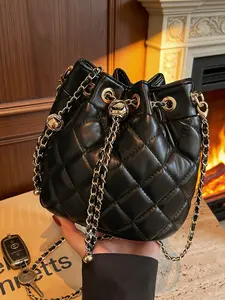 Women's Quilted Leather Bucket Bag with Metal Chain Drawstring Crossbody, Fashion Evening Party Casual Handbag, Crossbody Purses