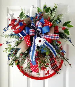 Patriotic Wreath - Bicycle Wheel Rim Front Door Wreath with Poppy Daisies Ficus Red White Blue Ribbon & Cupcake Topper 27x26in