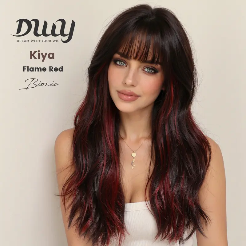 Kiya DWY Bionic Silk Top Sunkiss Orange Highlights Brown 24 Inch Long Wave Glueless Synthetic Wig with Bangs for Women High Quality Premium Fiber Easy Wear Comfortable Fit Straight Layered Wigs