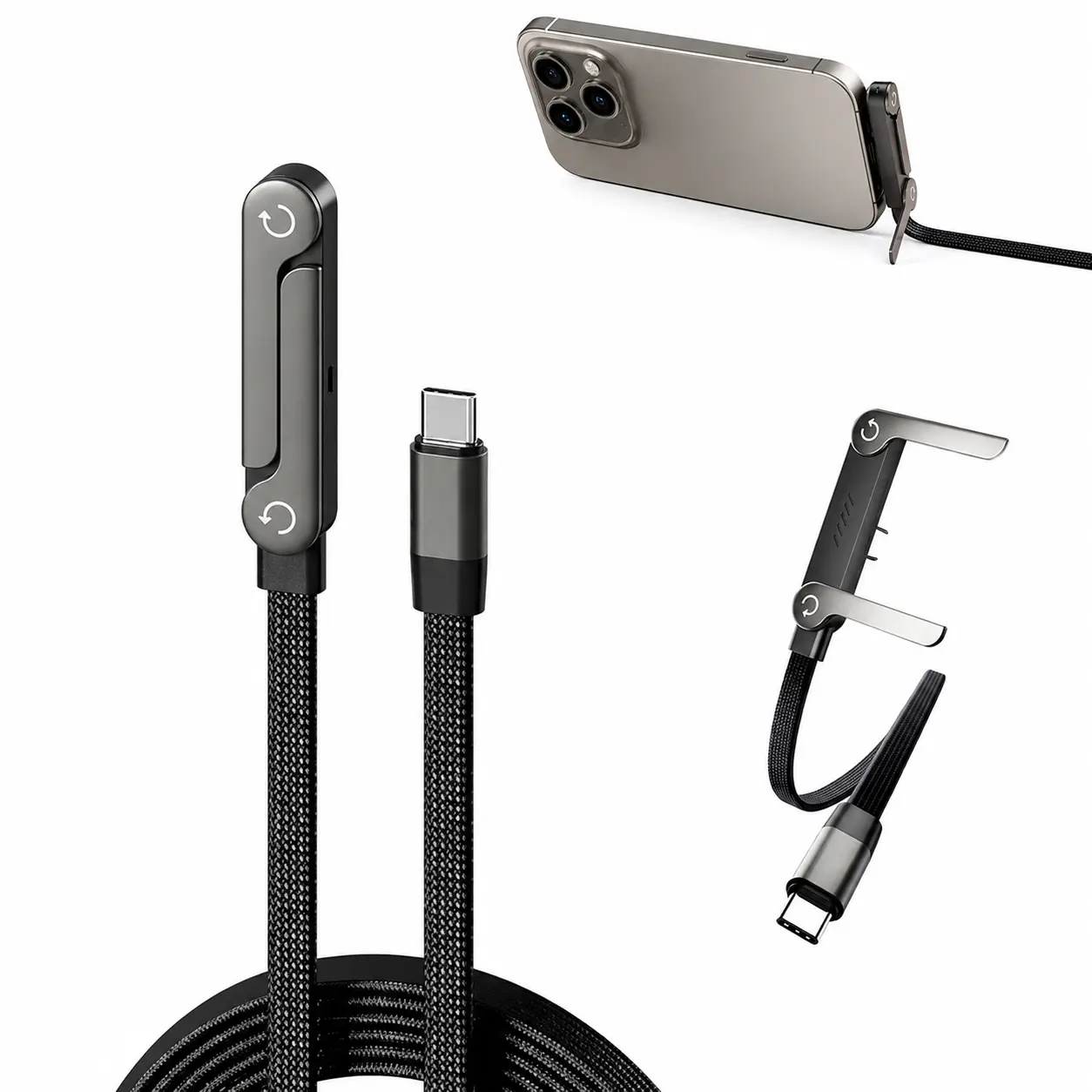240W Super Fast Charging Braided 2-in-1 Fast Charging Cord, All Type-C Port Mobile Phones, Multifunctional Data Cable, Foldable Bracket Design Wear-Resistant Easy-Carry Charging Line