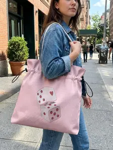 Dice Pattern Drawstring Tote Bag, Large Capacity Shopping Bag, Durable and Wear-Resistant, Casual Style for Work, Shopping, Picnic